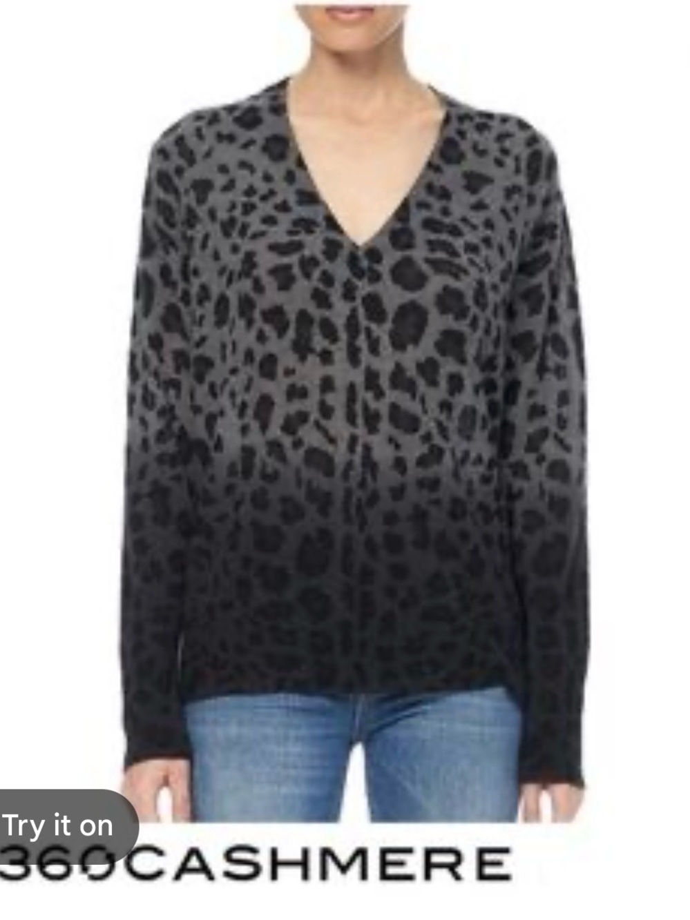 360 Cashmere Womens V-Neck Leopard Ombre Sweater - Black/Gray small